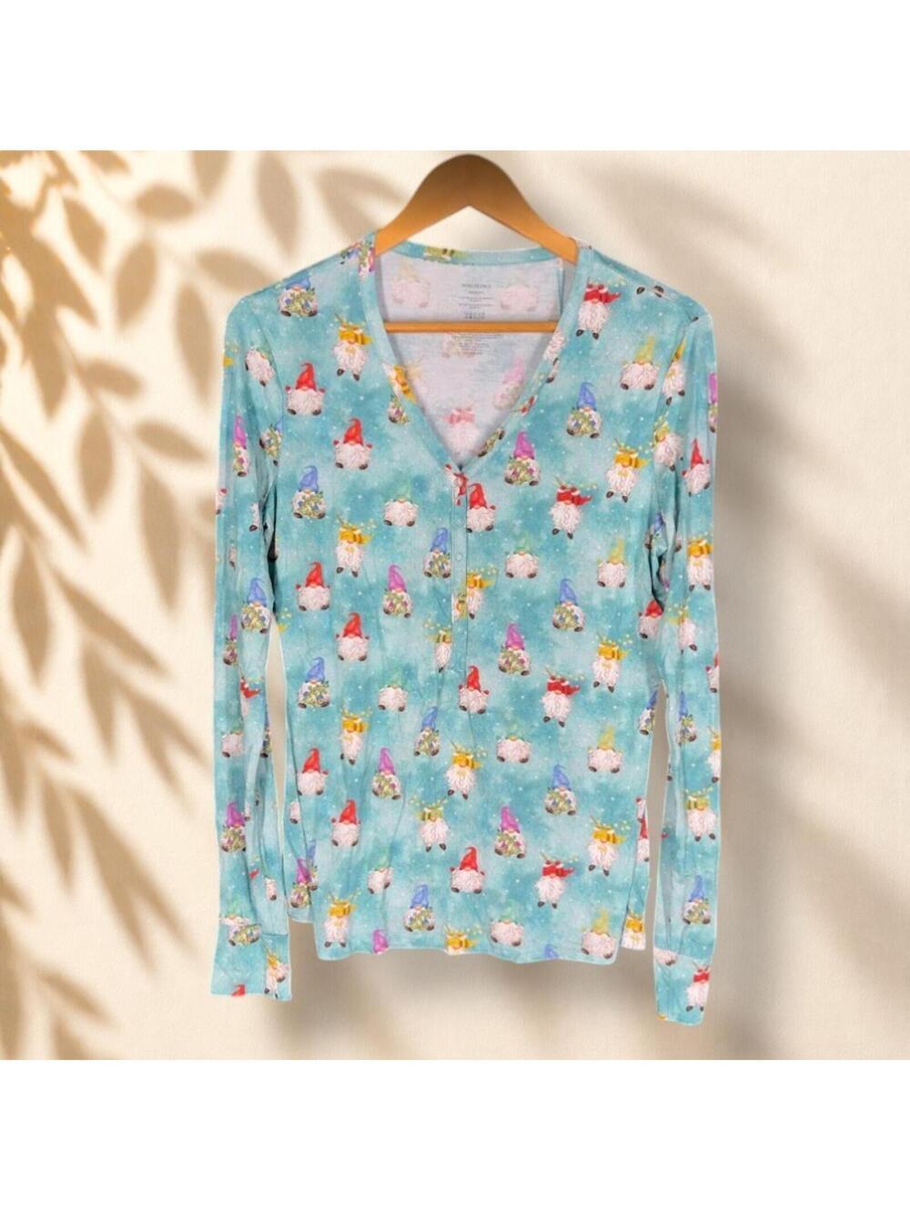 New Posh Peanut Sleepshirt Women M Medium Blue Gnomes Print Button Up V-Neck